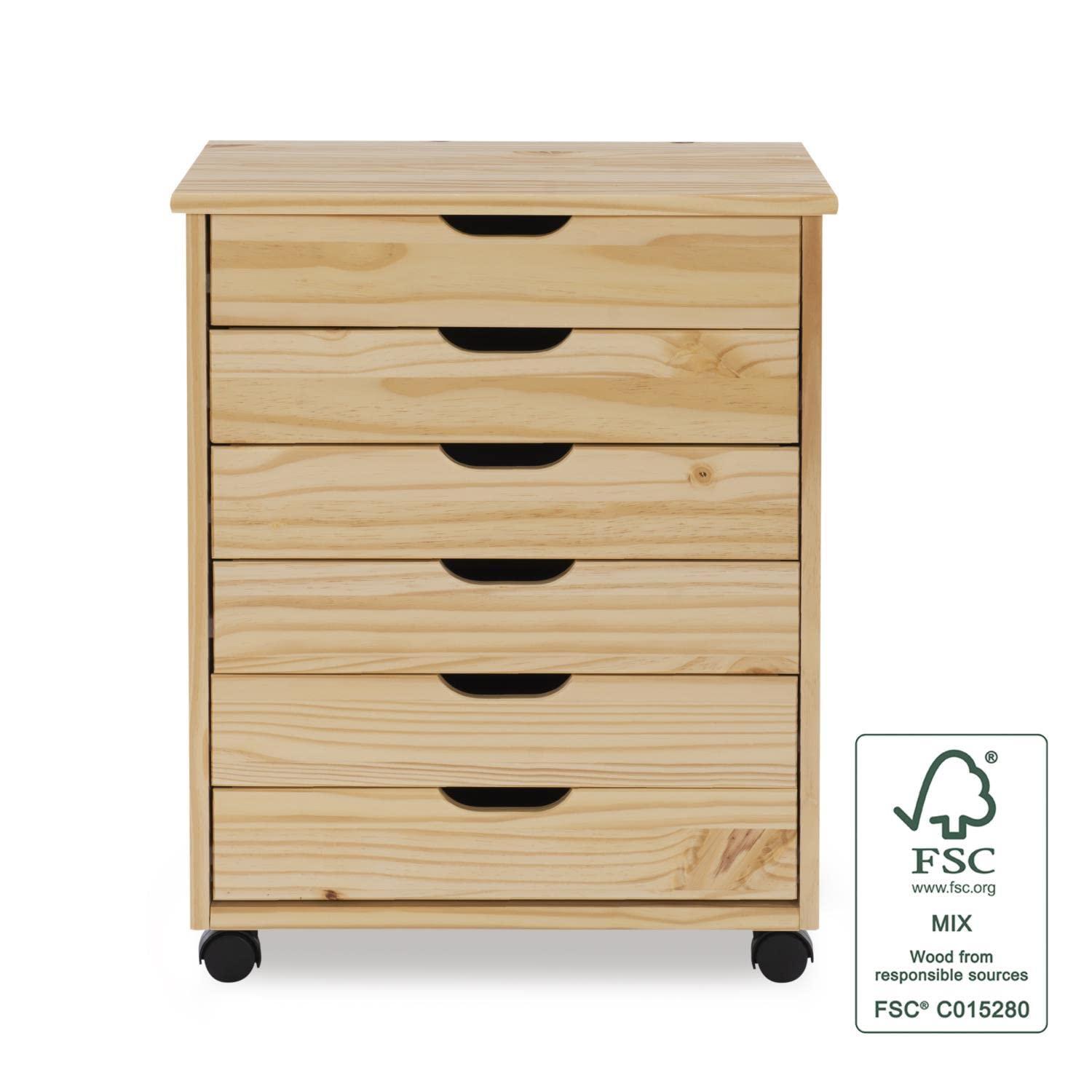 Cary Transitional 6 Drawer Solid Wood Contoured Handle Cut Out Wide Roll Cart Natural - Linon: Pine Frame, Farmhouse Style