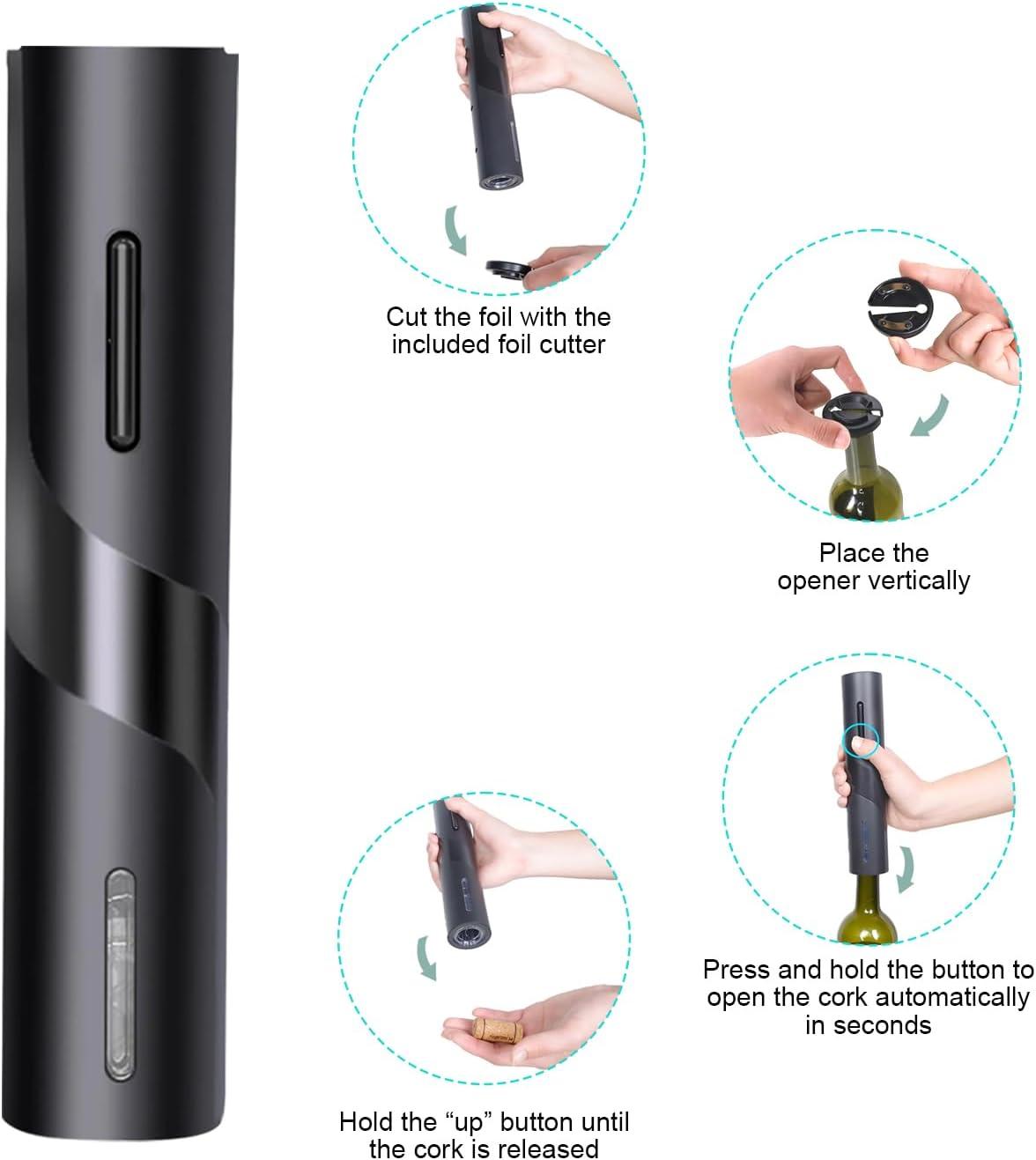 Electric Wine Opener, Automatic Corkscrews Wine Bottles Openers with Foil Cutter, Battery Operated Wine Bottles Openers for Wine Lovers in Home Kitchen Party Bar Outdoor - Black