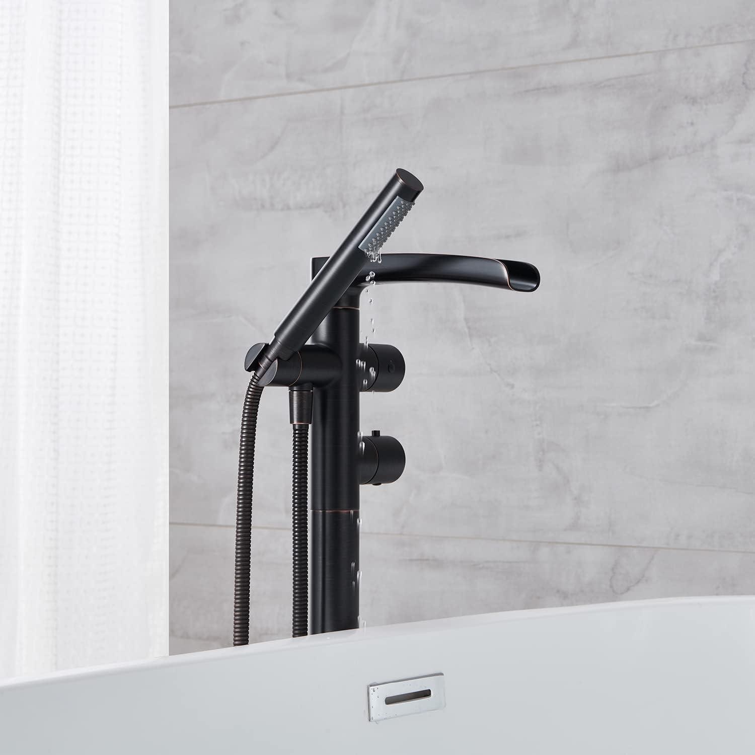 MOGFCT Waterfall Freestanding Bathtub Faucet Set Single Handle Floor Mount Tub Filler with Hand Shower ,Matte Black