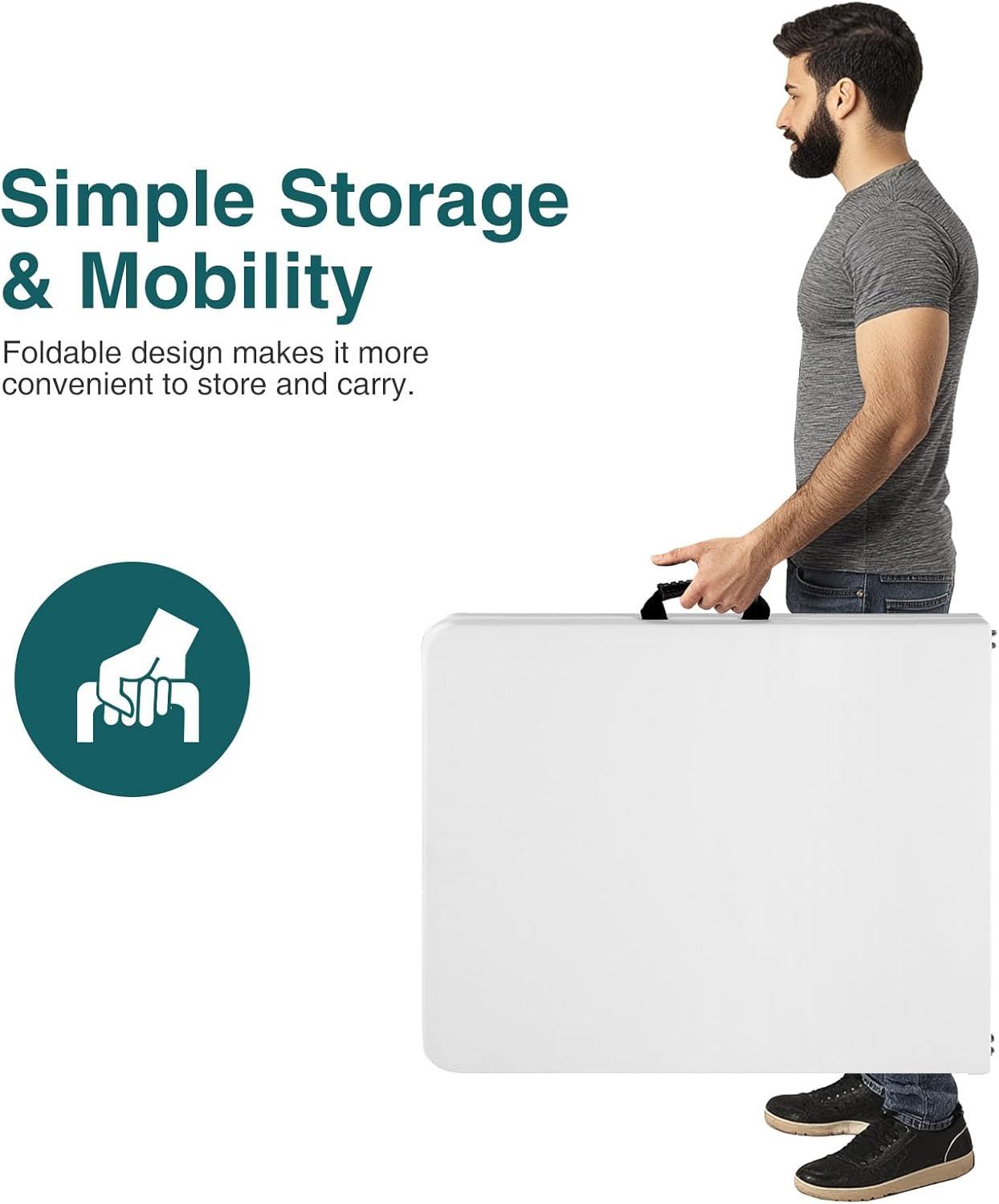 4 ft Portable Folding Table, Idustrial Heavy-Duty Foldable Table, HDPE Plastic Table, with Carrying Handle, Locks, Stright Legs for Indoor & Outdoor Party, Barbeque, Camping, Board Games - White