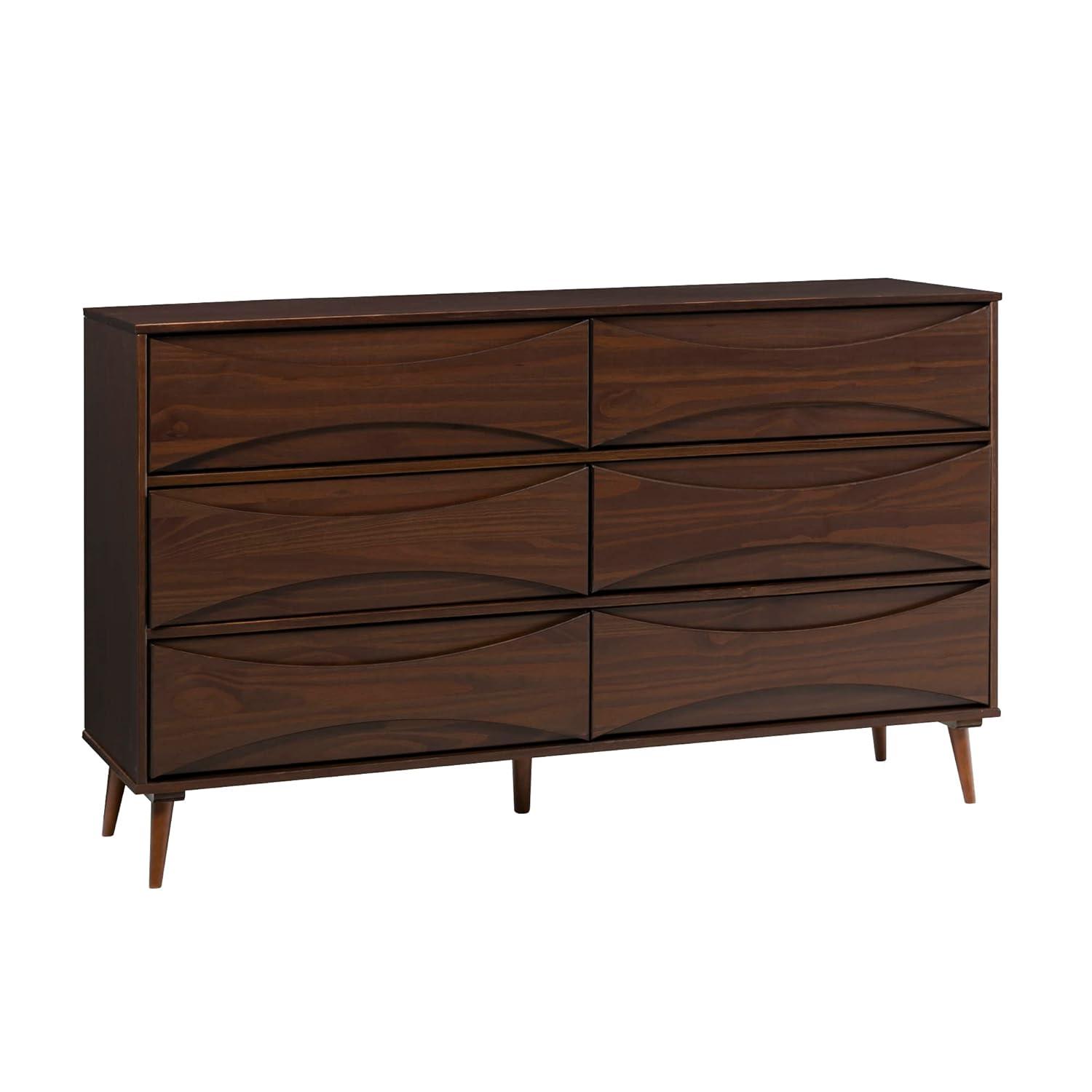 Walker Edison 58” Mid-Century Modern Curved Front 6-Drawer Dresser, Walnut
