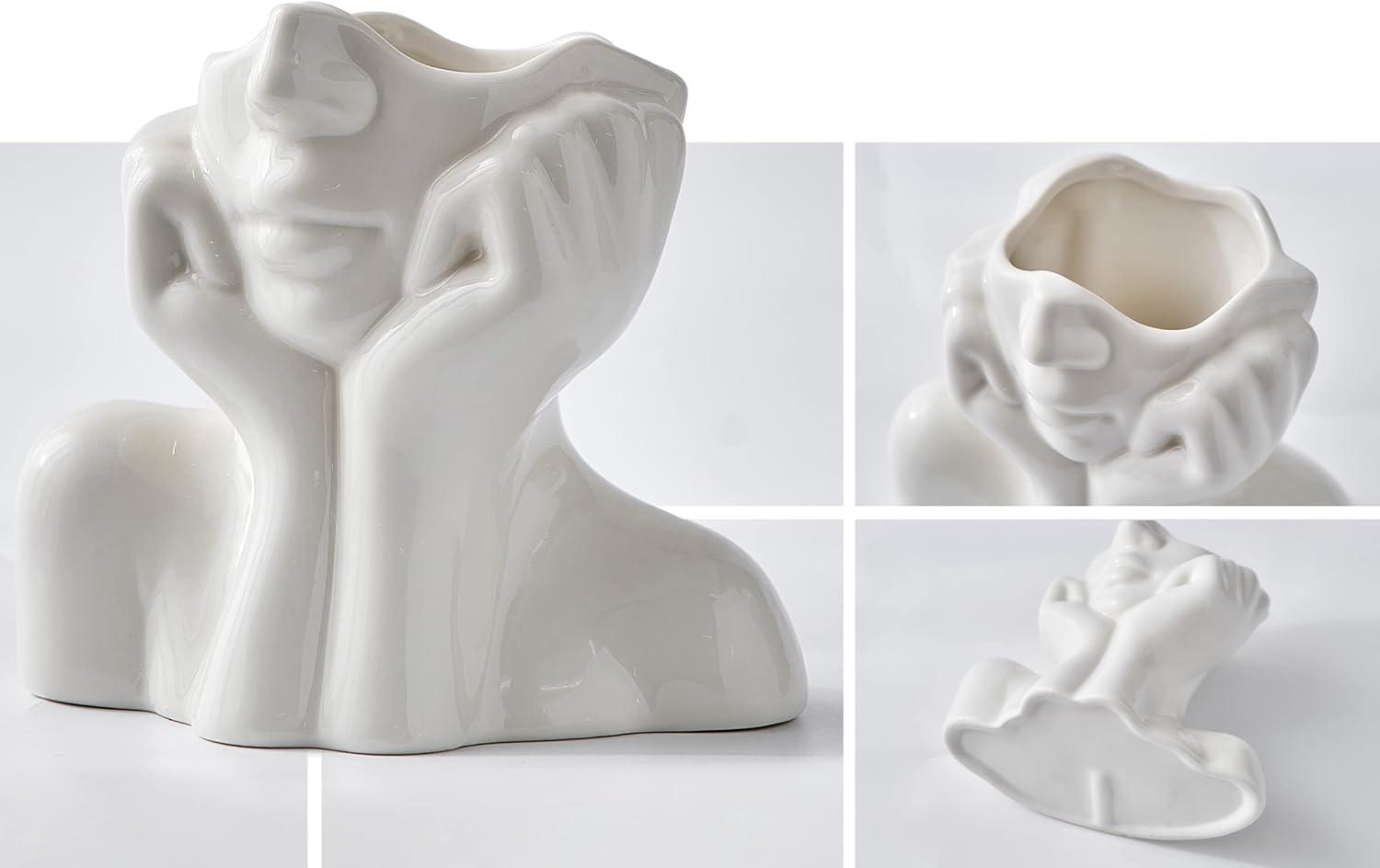 FJS Ceramic Face Vase, White Flower Vase for Decor, 5.3" W x 4.7" H Modern Decorative Vase Centerpiece for Table Shelf Living Room Office Bedroom
