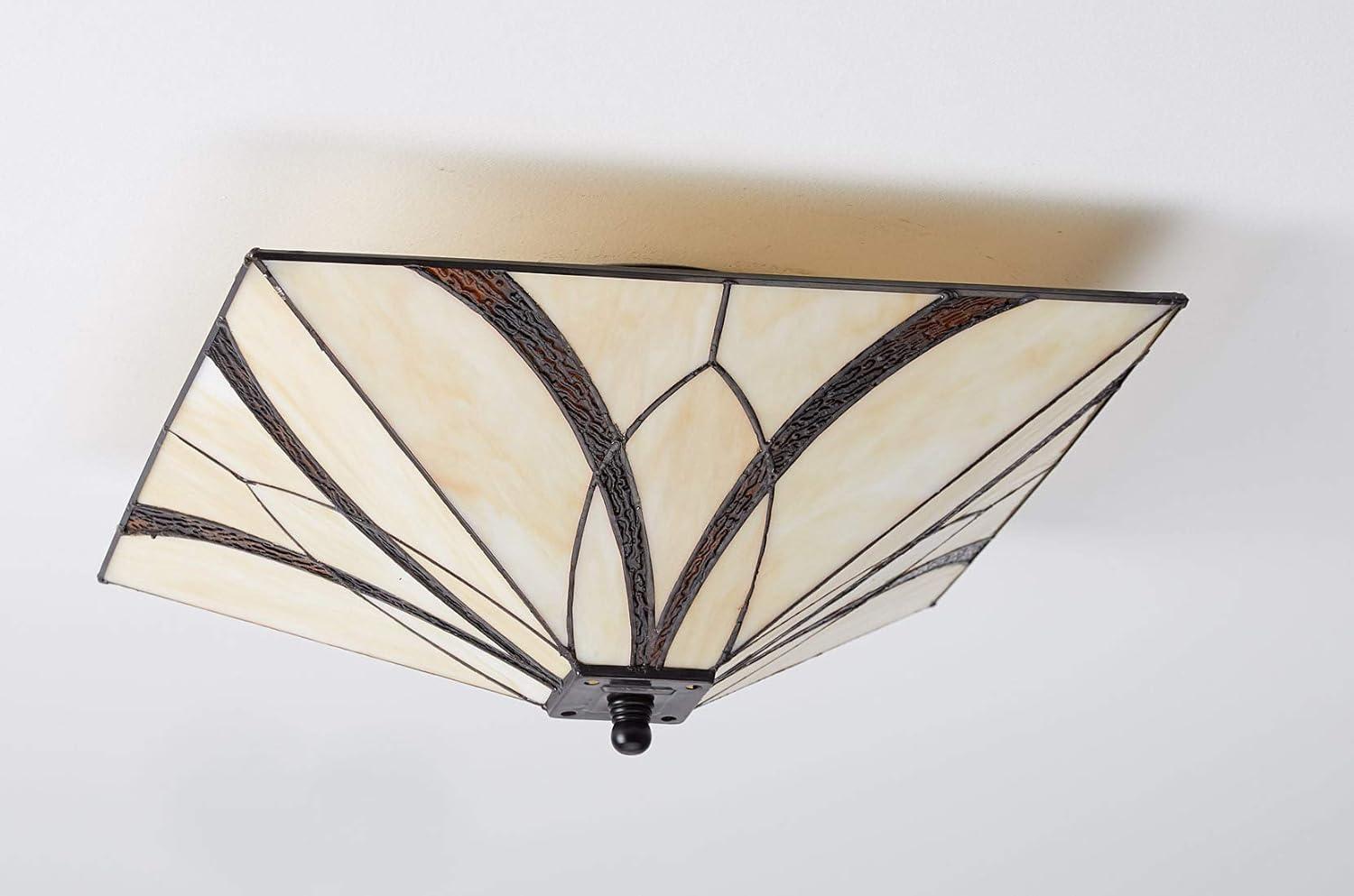 Vintage Semi Flush Ceiling Light Antique Brass Art Colorful Glass Shade 3-Light