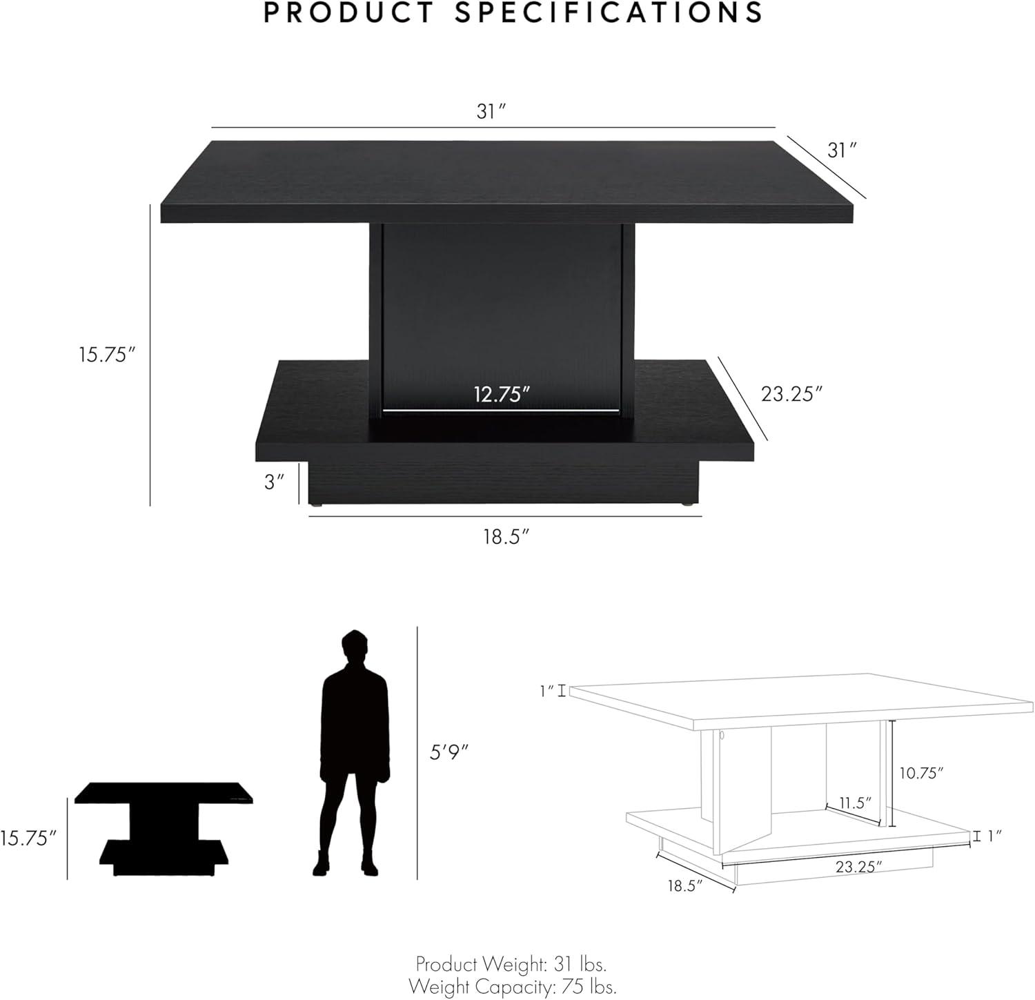 24/7 Shop at Home Lukas 31 inch Square Coffee Table with Hidden Storage and Base Shelf, Contemporary Furniture for Living Room, Home Office, Apartment, Small Space, Black