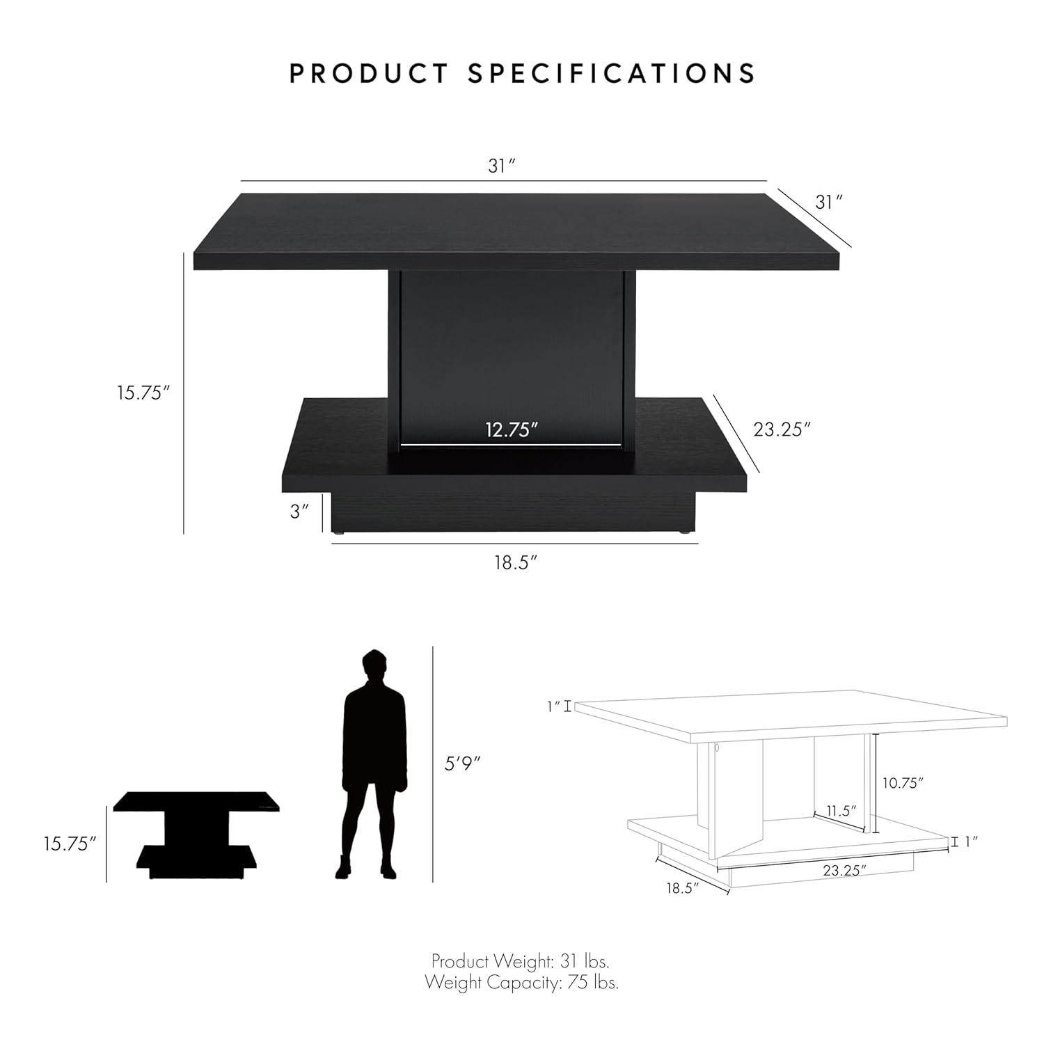 24/7 Shop at Home Lukas 31 inch Square Coffee Table with Hidden Storage and Base Shelf, Contemporary Furniture for Living Room, Home Office, Apartment, Small Space, Black