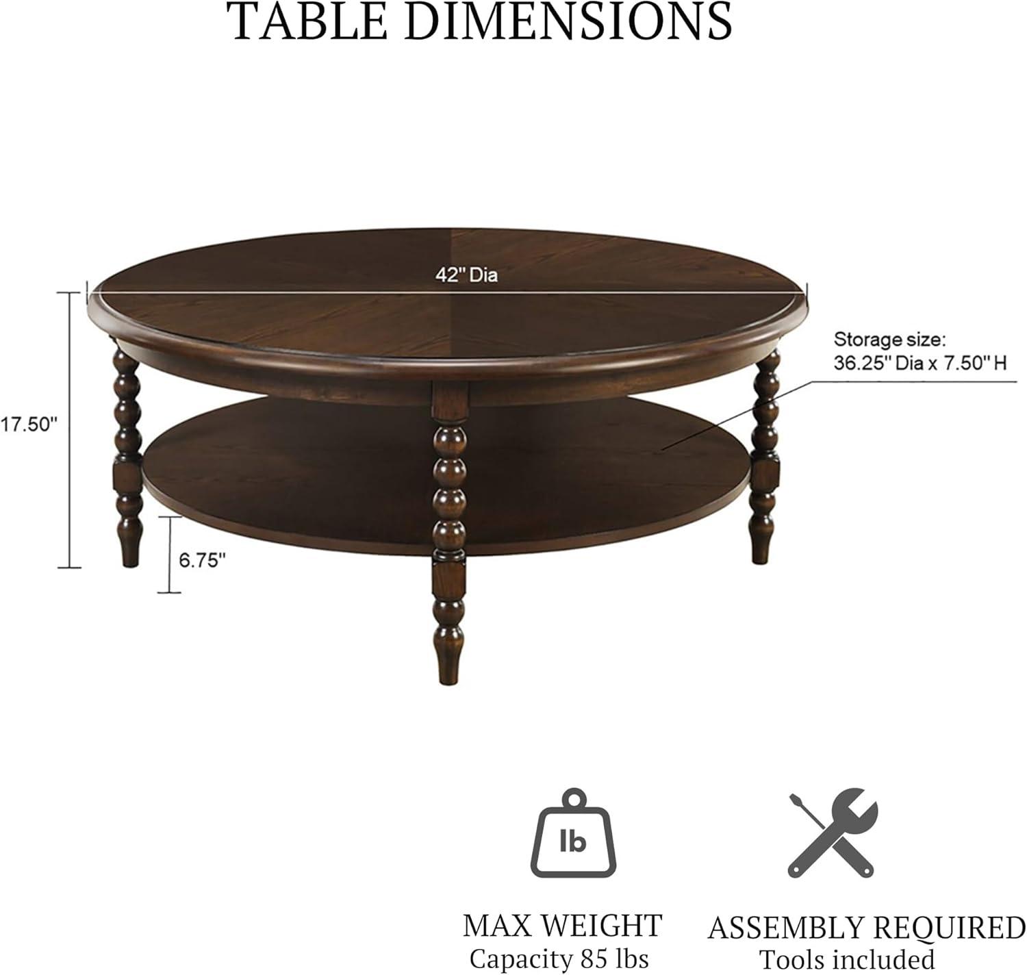 Philippe Dark Brown Round Wood Coffee Table with Shelf