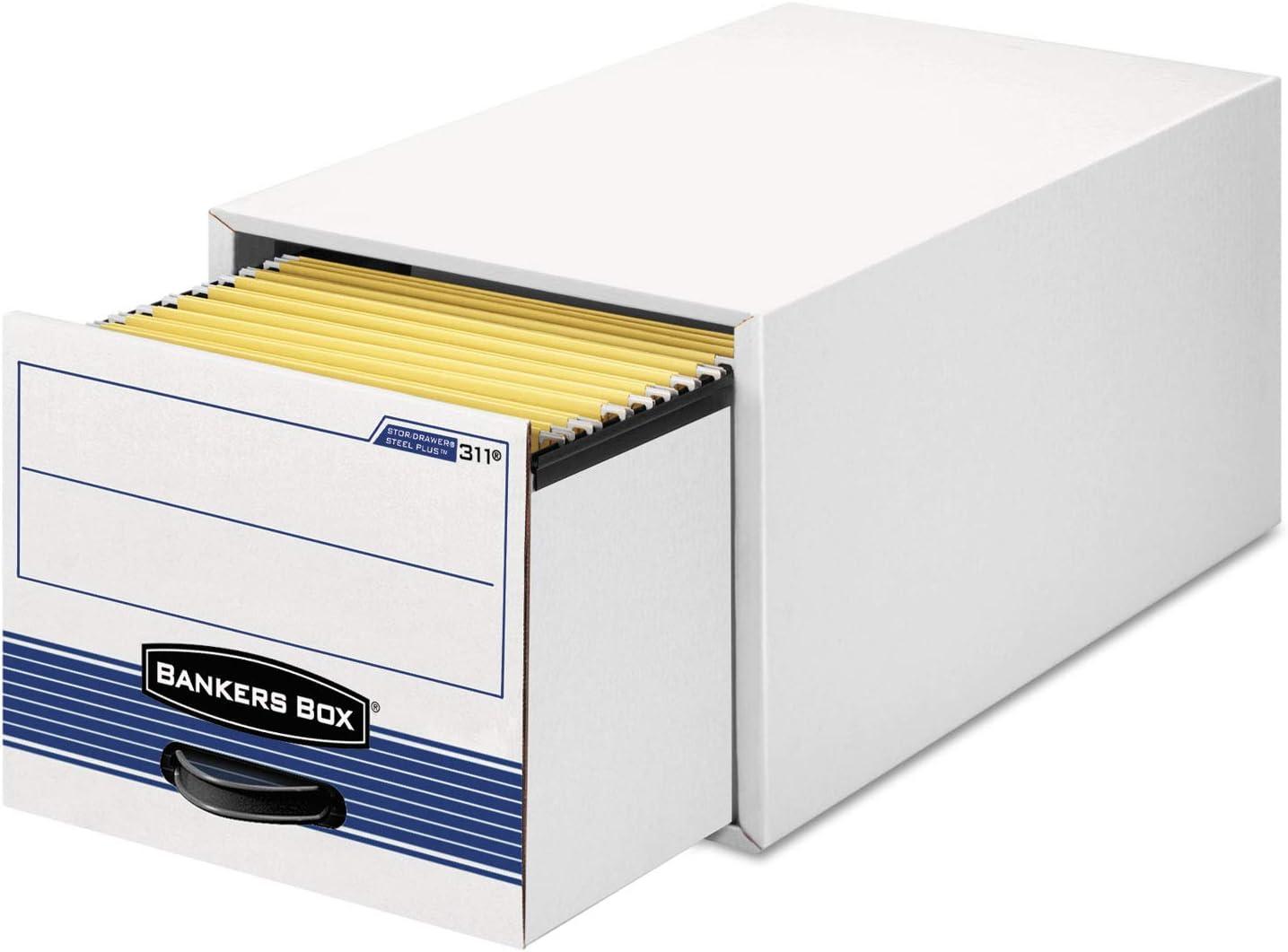 Bankers Box STOR/DRAWER STEEL PLUS Extra Space-Savings Storage Drawers, Letter Files, 14" x 25.5" x 11.5", White/Blue, 6/Carton