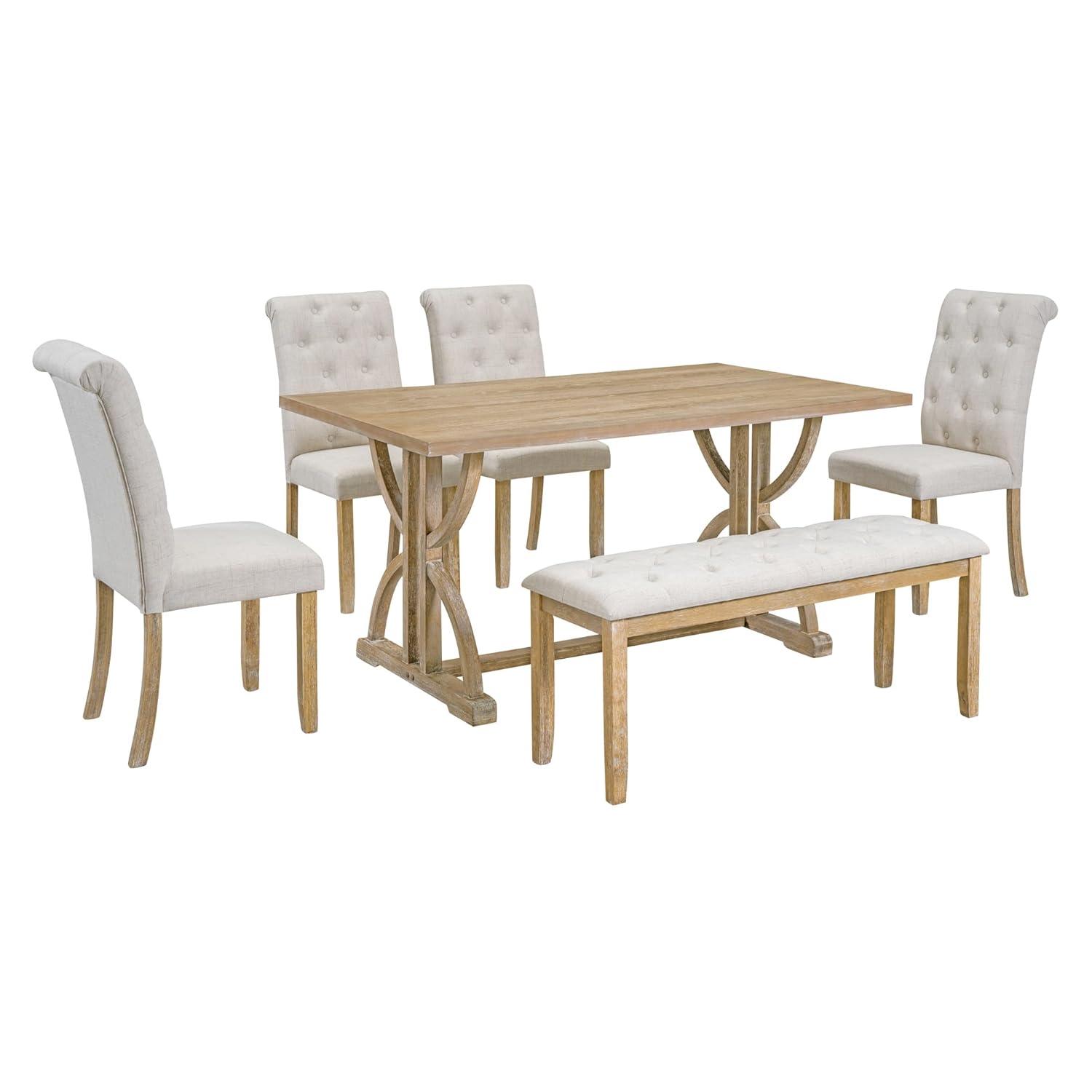 Merax 6-Piece Retro Dining Table Set, Rubber Wood Rectangular Table with Unique Legs and 4 Upholstered Chairs & 1 Bench for Dining Room and Kitchen (Natural Wood Wash)