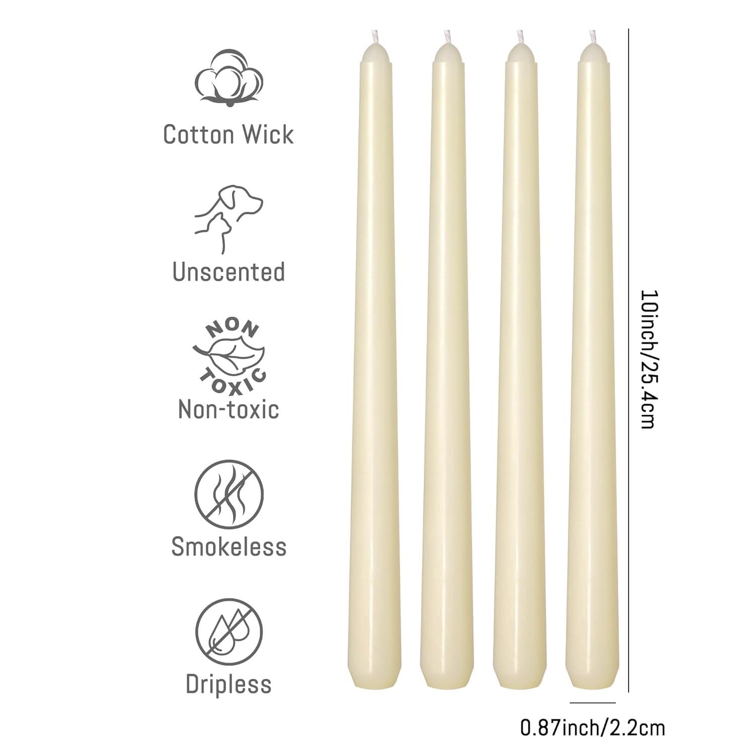 flamecan Ivory Taper Candles, Set of 20 Unscented and Smokeless 10 Inch Taper Candles Long Burning, Paraffin Wax with Cotton Wicks for Burning Approxinately 7-8 Hours Time