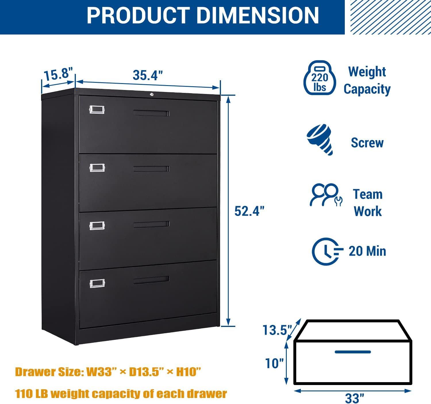 Letaya File Cabinets,4 Drawer Metal Lateral Filing Organization Storage Cabinets with Lock,Home Office for Hanging Files Letter/Legal/F4/A4 Size (Require Assembly)