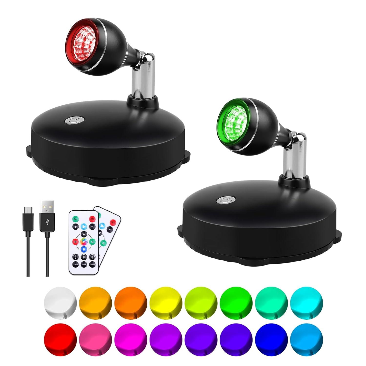 LED Spot Light Indoor, Battery Operated Led Light Stick Up Lights with Remote, Mini Spotlight Dimmable Accent Lights for Lighting up Paintings Pictures(RGB 2 Pack)