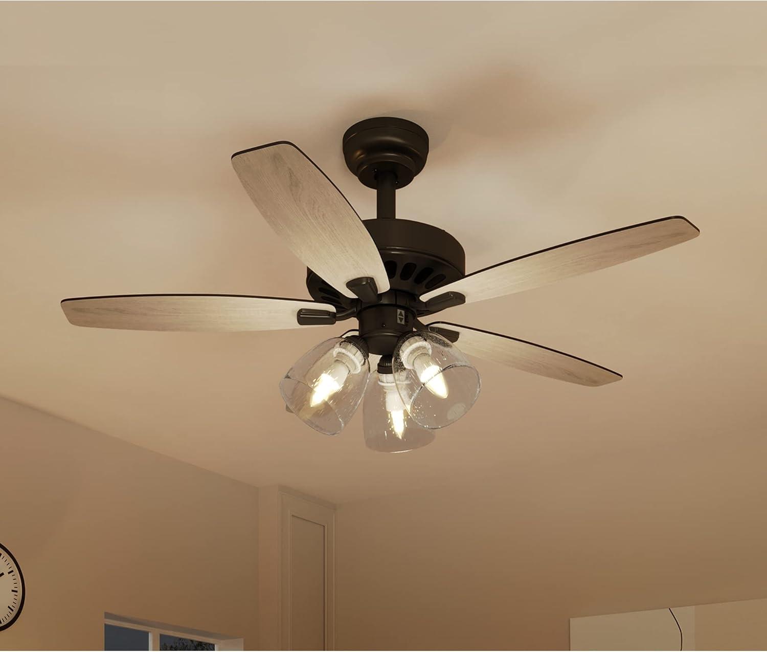 52'' Oak and Black Ceiling Fan with Clear Seeded Glass Light