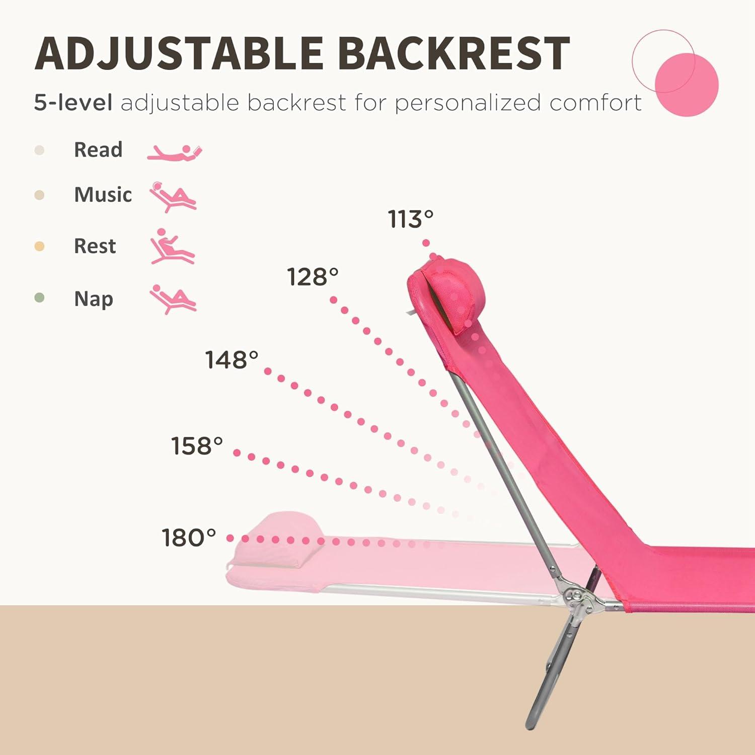Outsunny Foldable Outdoor Chaise Lounge Chair, 5-Level Reclining Camping Tanning Chair with Breathable Mesh Fabric and Headrest, Pink