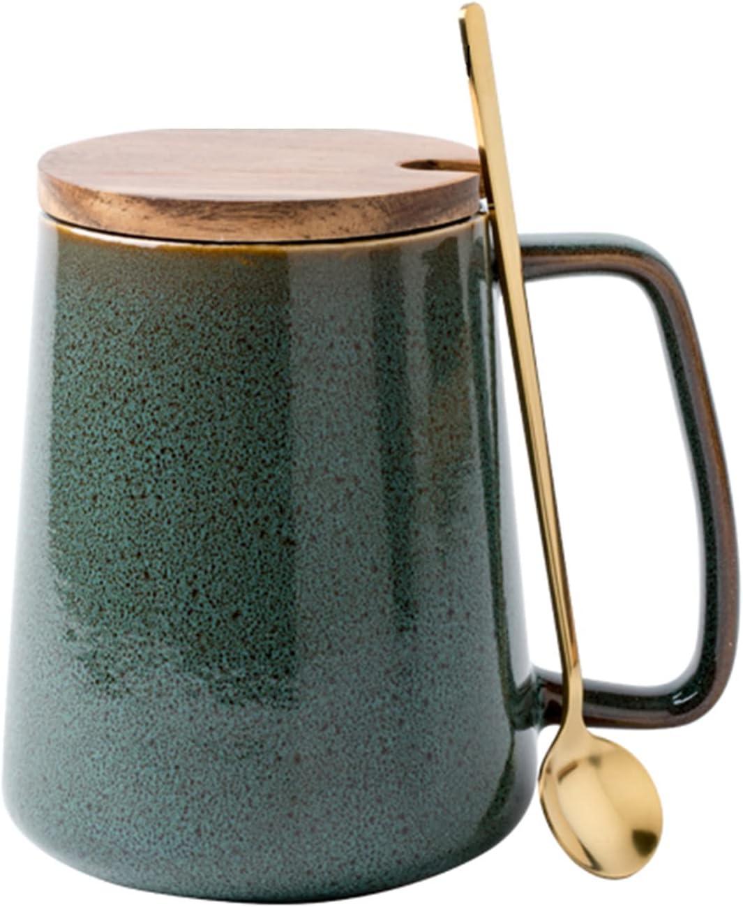 24 oz Green Ceramic Coffee Mug with Wooden Lid and Spoon