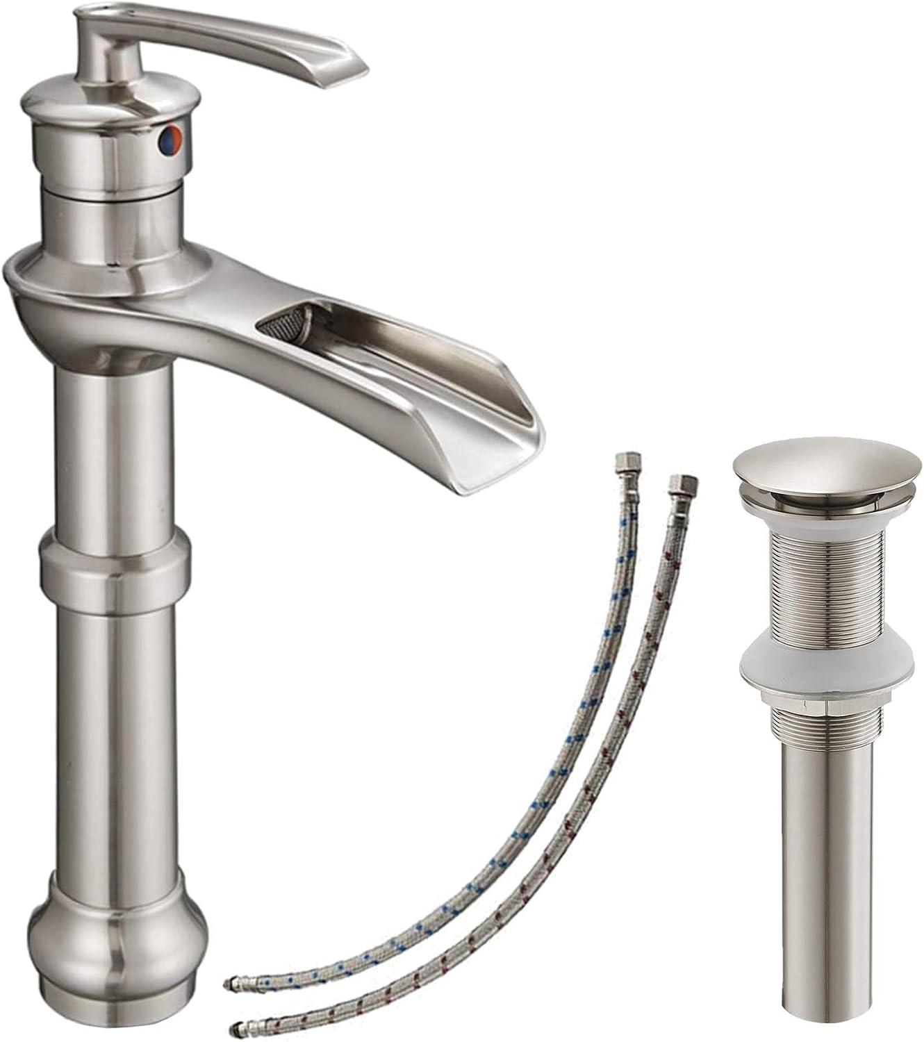 BWE Brushed Nickel Bathroom Faucet with Drain Assembly and Supply Hose Lead-Free Tall Body Waterfall Vessel Sink Faucet Lavatory Single-Handle Mixer Tap