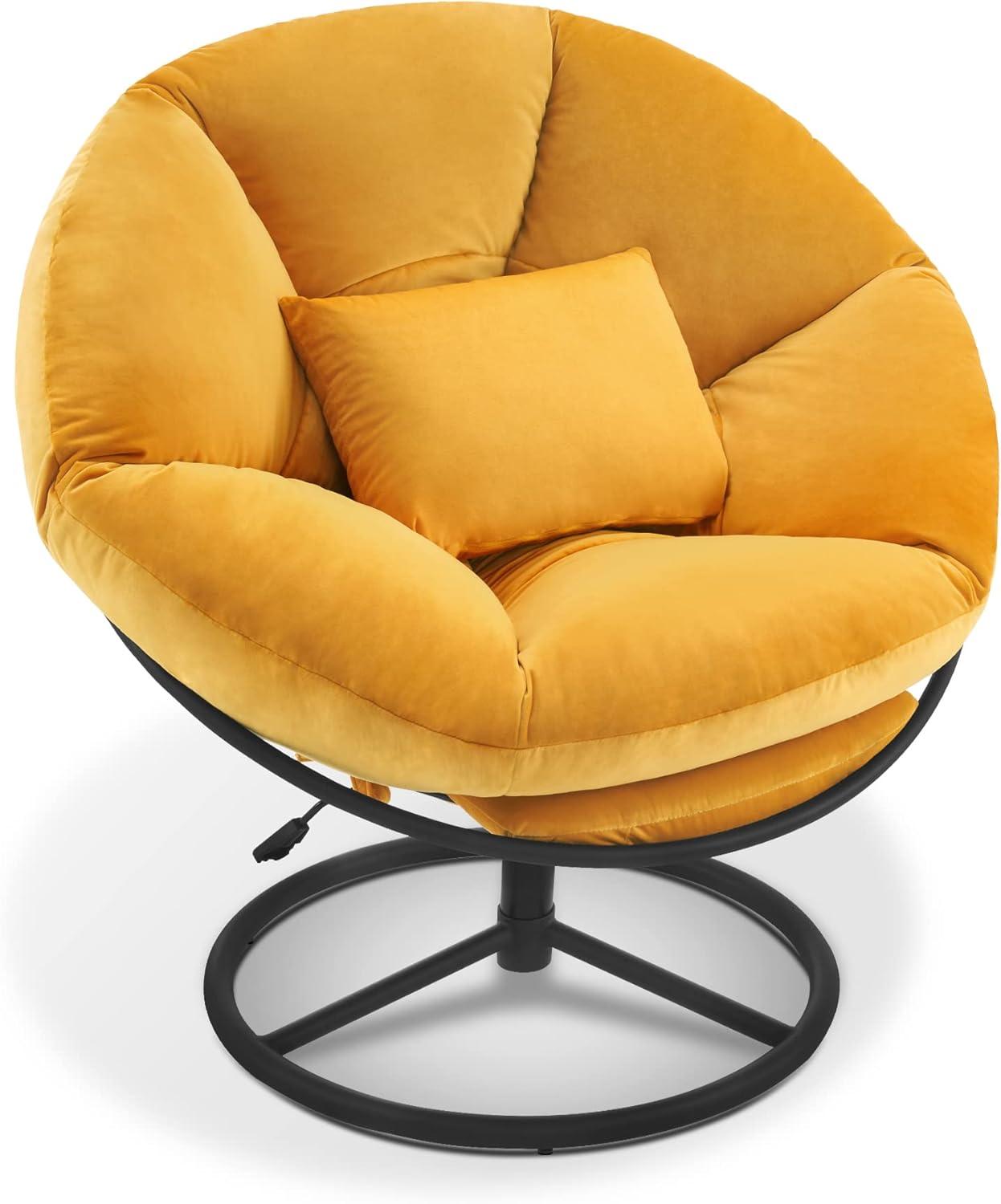 Mcombo Swivel Papasan Chairs, Gas Lift Cozy Chair with Height Adjustment, Velvet Rocking Saucer Chair for Living Room Bedroom HQ405(Yellow)