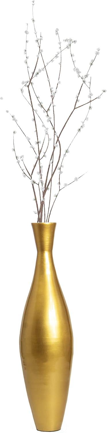 Tall 33 Inch Modern Bamboo Narrow Trumpet Floor Vase - Elegant Decoration Modern Accent Piece, Living Room Decor, Handcrafted Bamboo Art, Gold Small