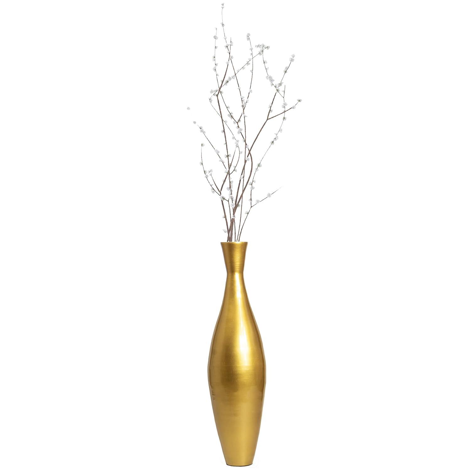 Tall 33 Inch Modern Bamboo Narrow Trumpet Floor Vase - Elegant Decoration Modern Accent Piece, Living Room Decor, Handcrafted Bamboo Art, Gold Small