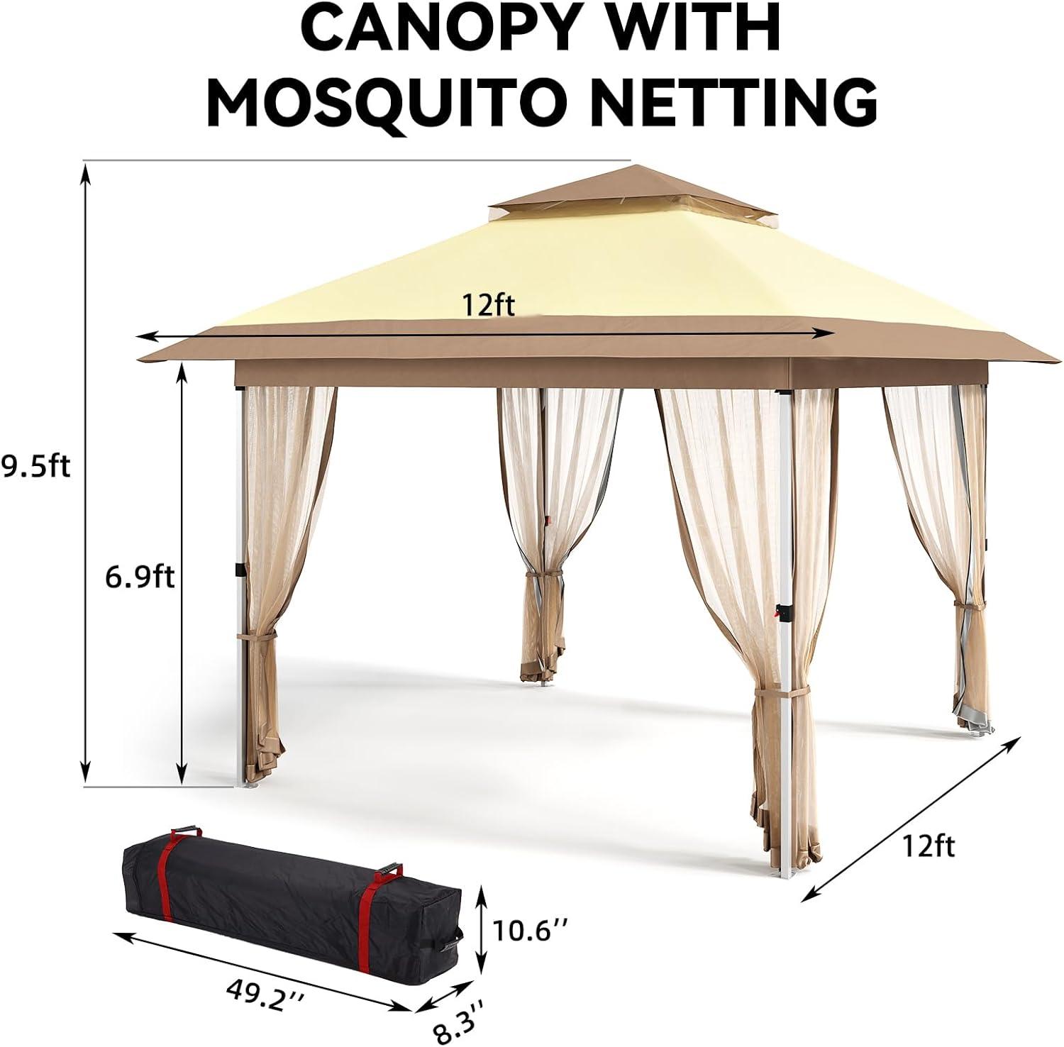 Yuan Home 12'X12' Outdoor Pop-Up Gazebo Canopy Tent With Curtains, Mosquito Netting, 2-Tiered Vented Top, 144 Sq. Ft. Shelter For Patio & Backyard Parties
