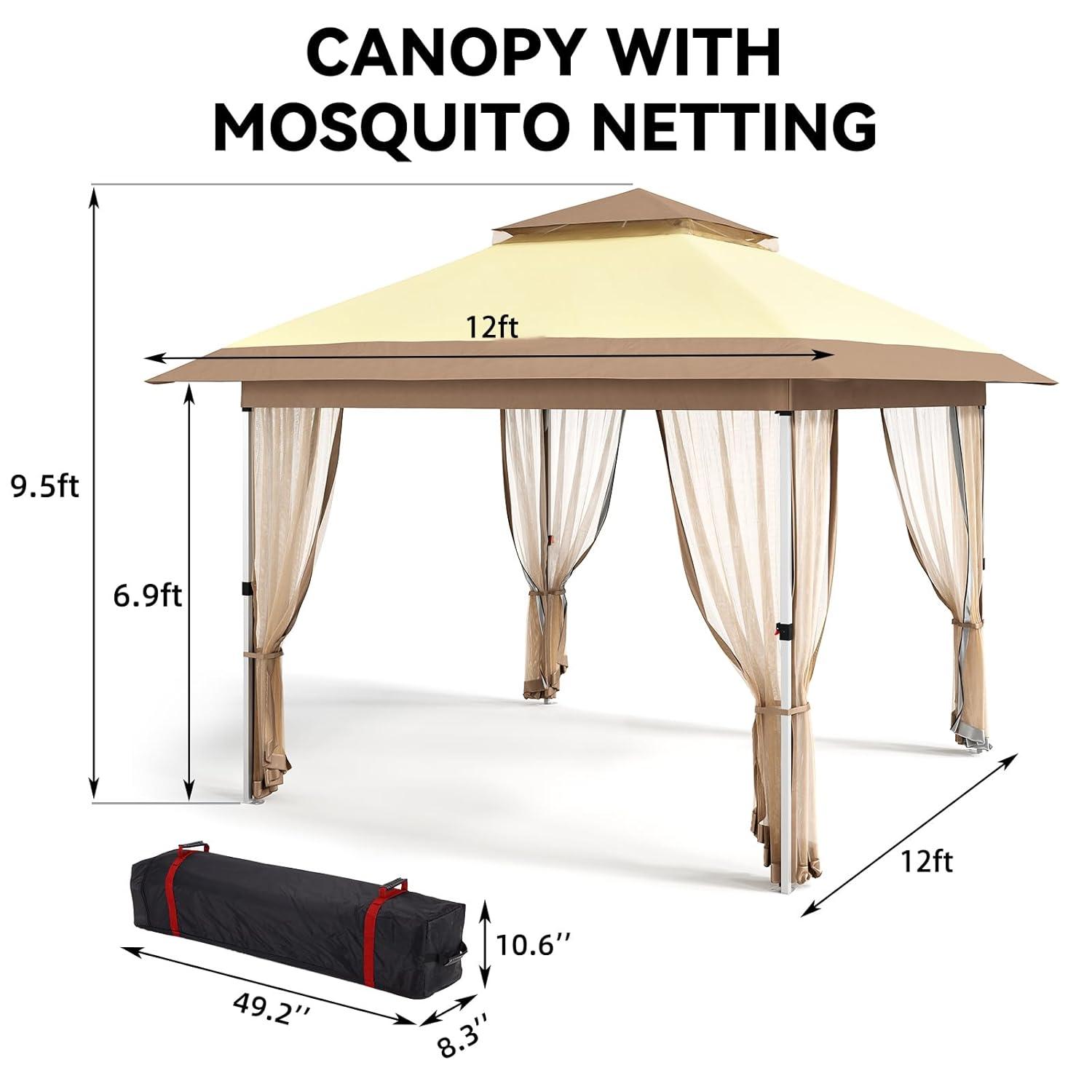 Yuan Home 12'X12' Outdoor Pop-Up Gazebo Canopy Tent With Curtains, Mosquito Netting, 2-Tiered Vented Top, 144 Sq. Ft. Shelter For Patio & Backyard Parties