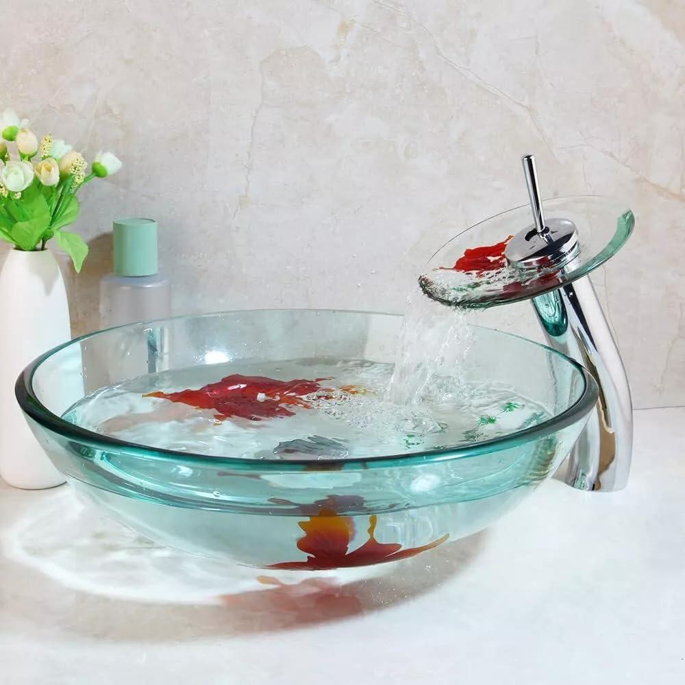 Clear Bathroom Sink Hand Painting Gold Fish Tempered Glass Vessel Sink Basin with Waterfall Faucet and Drain Combo,16"Round Glass Bowl Sink Above Counter Clear Bathroom Vessel Sink Set