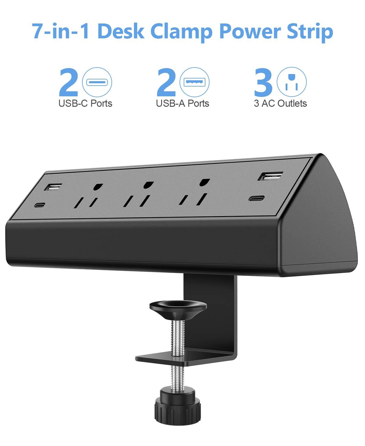 Jgstkcity Desk Clamp Power Strip,40W Total Fast Charging Station,2 PD 20W USB C Ports,Desk Edge Mount Surge Protector for Home, Office,3 Outlets,Fit 1.96" Tabletop Edge,ETL Listed