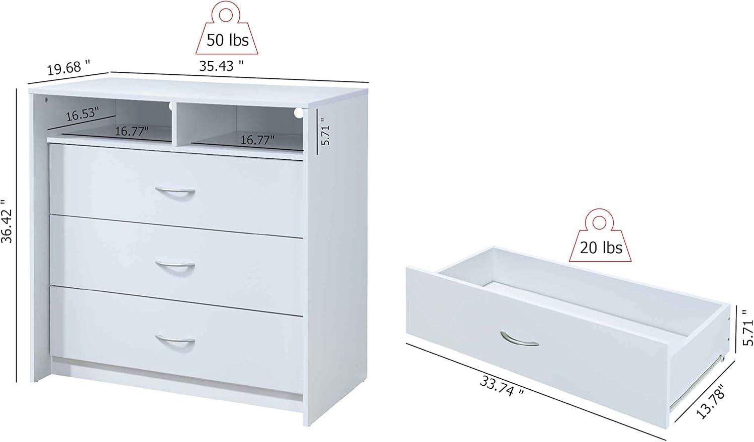 Hodedah 3-Drawer Dresser with 1-Open Shelf 2 Compartments in White