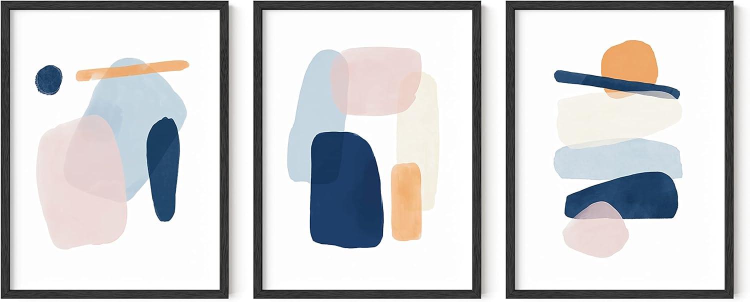 HAUS AND HUES Abstract Art Wall Decor - Set of 3 Abstract Wall Art for Living Room, Blue Posters Geometric Wall Art Abstract, Room Posters Aesthetic Colorful Wall Art (Framed Black 12x16)