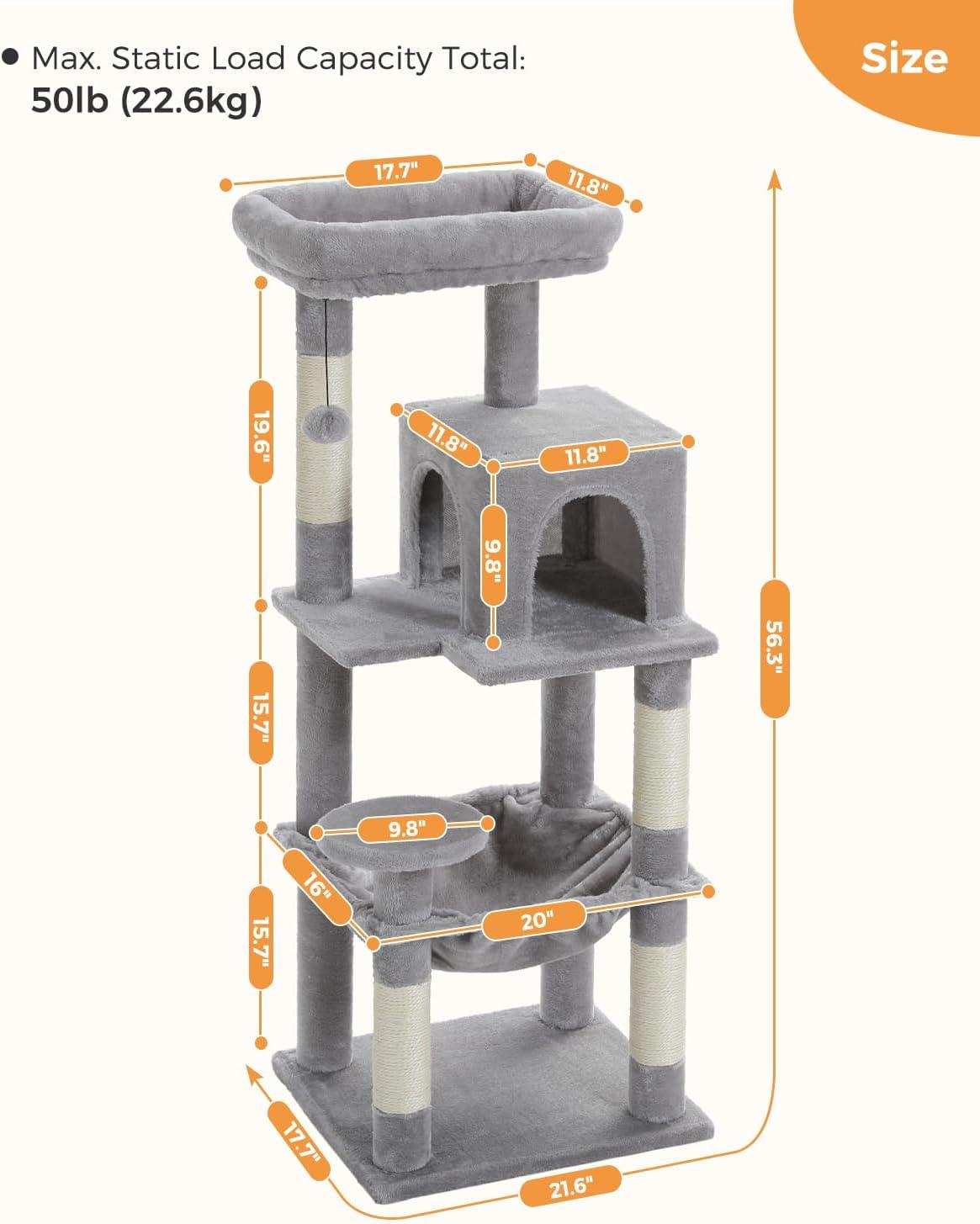 56.3" Indoor Multi-Level Tall Cat Tower With Large Hammock, Scratching Posts, Cozy Condo And Top Perch