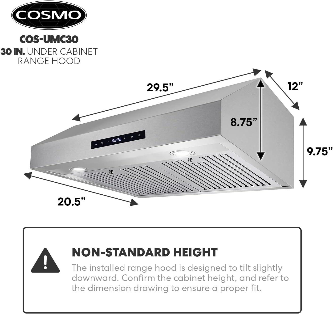 Cosmo 30 in. Under Cabinet Stainless Steel Range Hood with LED Light, 380 CFM, Permanent Filter