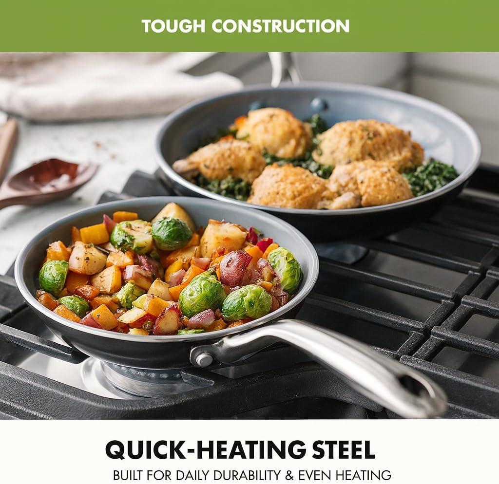 GreenPan Swift Healthy Ceramic Nonstick, 8" and 10" Frying Pan Skillet Set, Stainless Steel Handles, , Dishwasher Safe, Oven Safe, Black