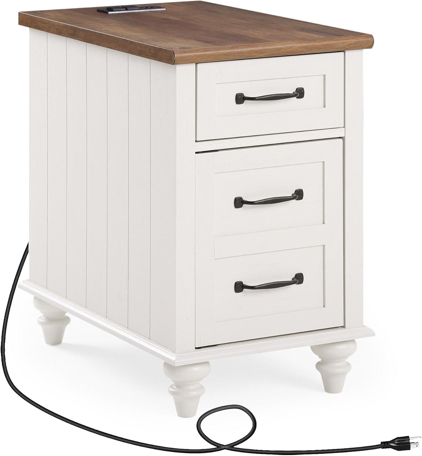 WAMPAT End Table with Charging Station, Side Table with Storage，2 Power Outlets&USB Ports for Living Room，Nightstand with Drawer and Storage Cabinet for Bedroom，White/Oak