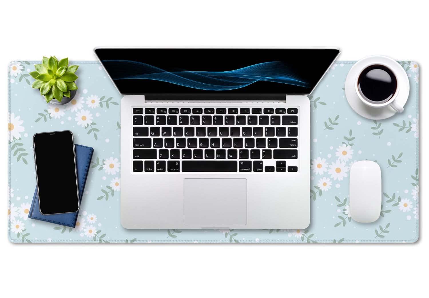 SSOIU Cute Spring Flowers Desk Mat, White Daisy Flower Mat, Extra Large Home Office Cute Accessories, Extended Mouse Pad, XXL Gaming Mouse Pad 35.5" X 15.7"