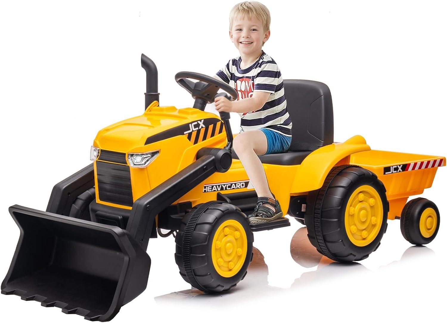 Yellow 12V Electric Ride-On Tractor with Adjustable Bucket