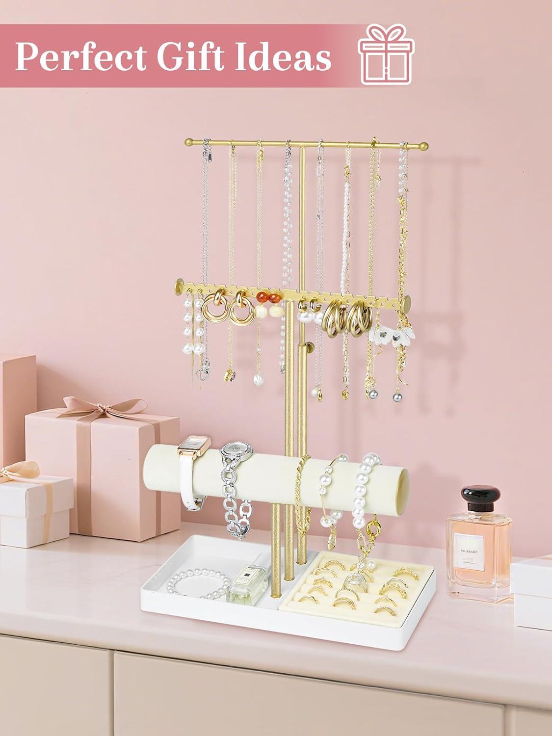 Jenseits Jewelry Organizer Stand Necklace Holder Organizer, 3-Tier Earrings Organizer w/Bracelet Storage Display & Velvet Ring Tray, Cute Metal Aesthetic Jewelry Tower Rack for Women Girls - Gold C47