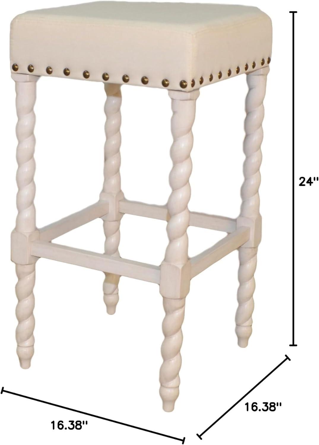 Carolina Chair & Table Flora 30" Bar Stool with Linen Upholstered Seat - Solid Wooden Frame, Twist Turned Legs with Antique Brass Nailhead Trim Accent Stool for Kitchens, Bars (Vintage White)