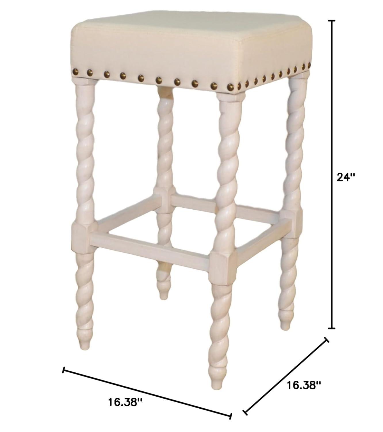 Carolina Chair & Table Flora 30" Bar Stool with Linen Upholstered Seat - Solid Wooden Frame, Twist Turned Legs with Antique Brass Nailhead Trim Accent Stool for Kitchens, Bars (Vintage White)