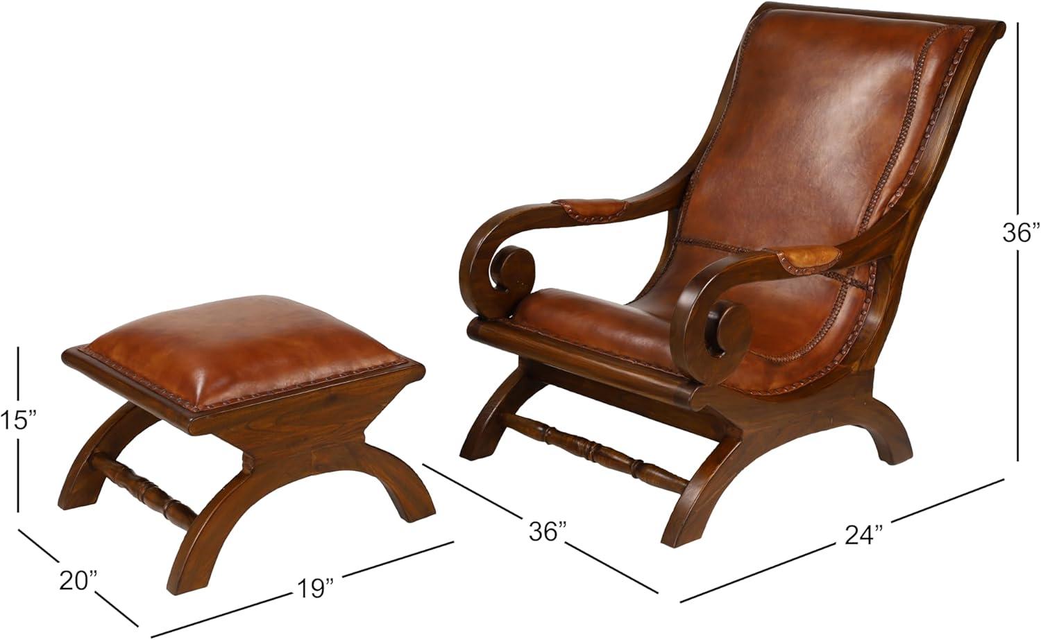 Handcrafted Brown Leather and Teak Wood Accent Chair with Ottoman