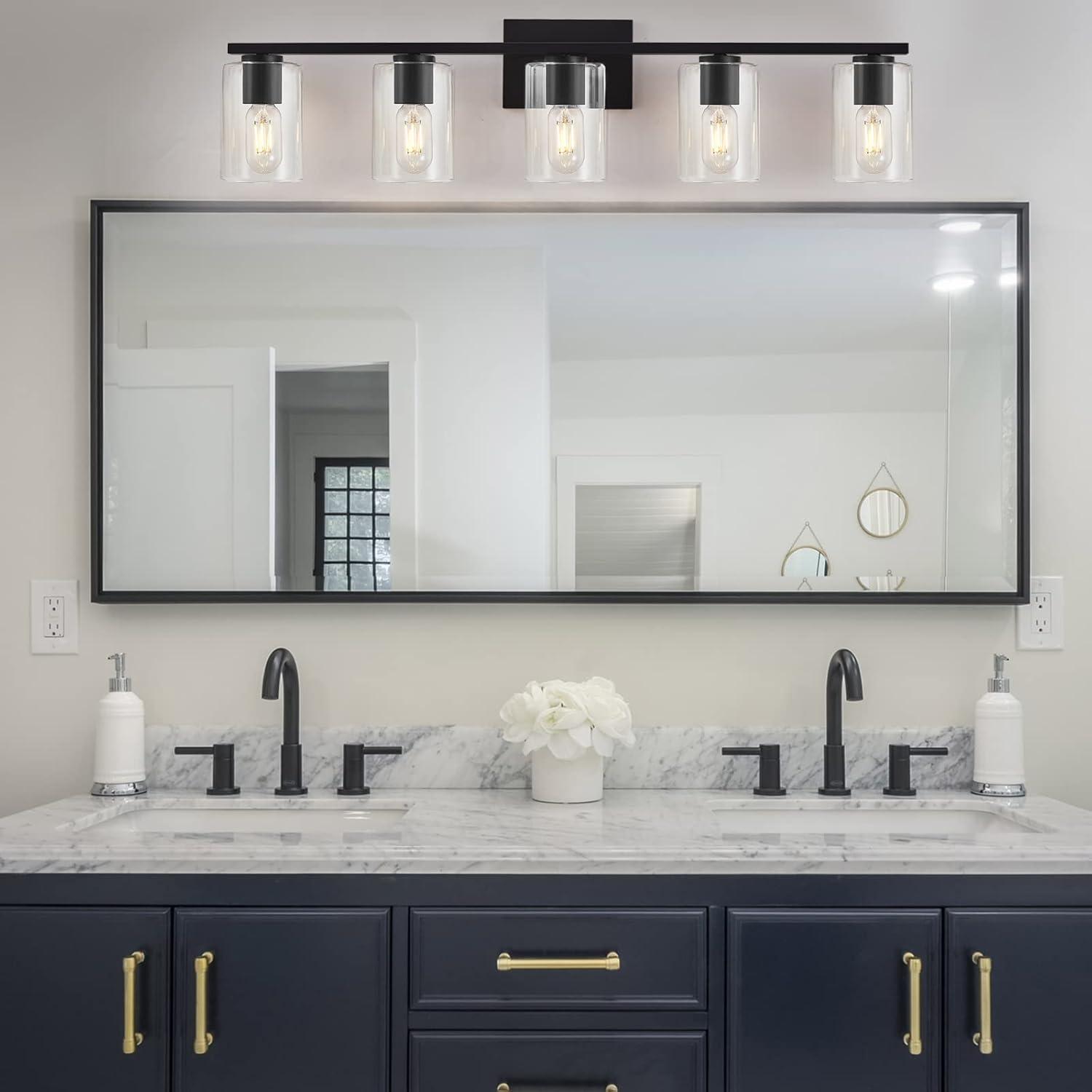 Matte Black 5-Light Bathroom Vanity Fixture with Glass Shades