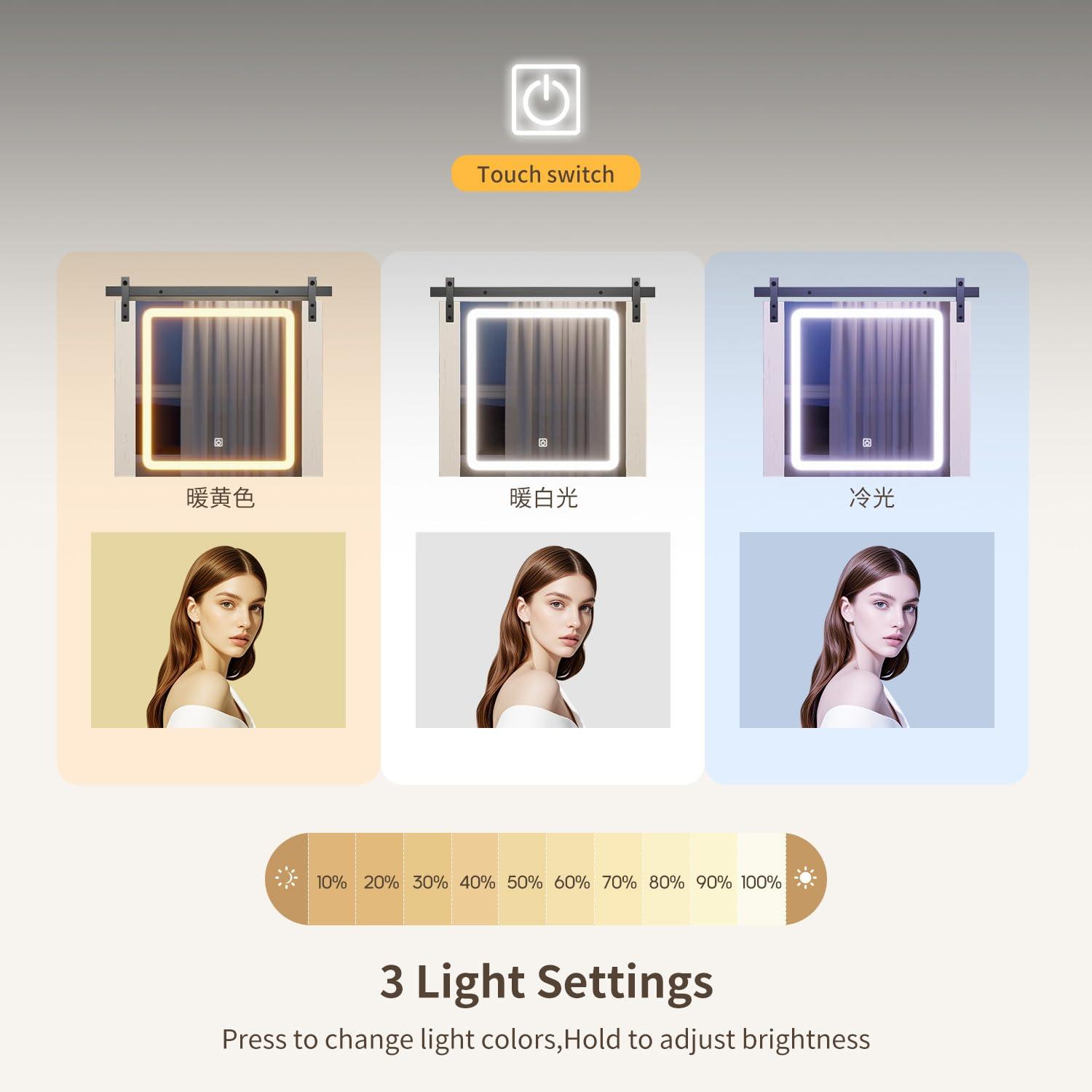 Farmhouse Makeup Vanity Desk with Sliding Lighted Mirror, Glass Top Vanity Desk with Power Outlet, Rustic Vanity Set, Antique White