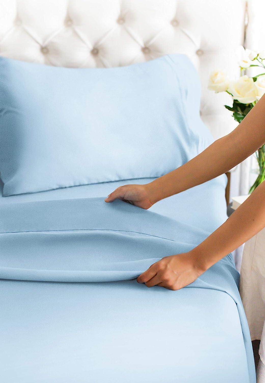 CGK Linens 100% Cotton 400 Thread Count 4 Piece Sheet Set - Soft & Cozy Sateen Bed Sheets in Light Blue, Size Queen