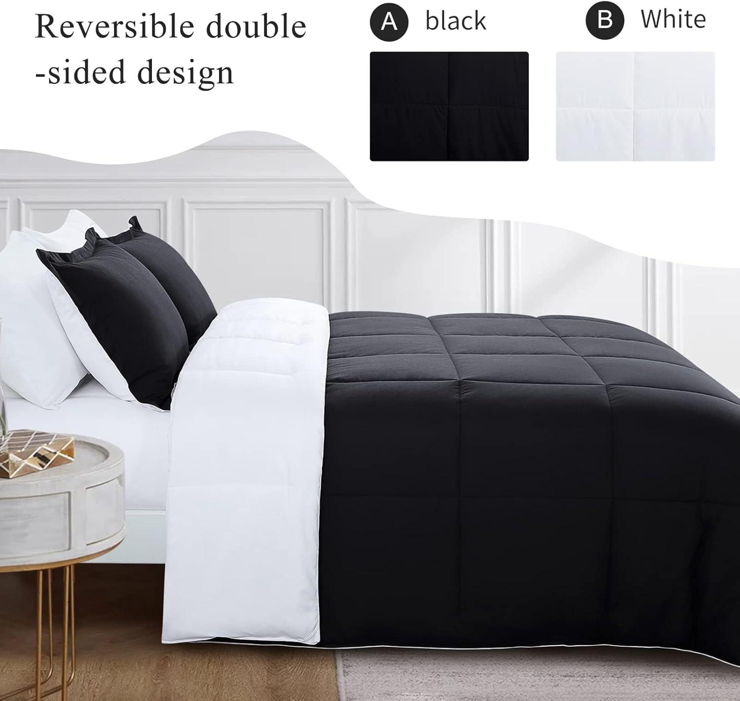 Aisbo Reversible Comforter Set Full - Fluffy 3-Pieces Comforter Set Soft Lightweight, Black and White All Season Down Alternative Comforter for Full Size Bed with 2 Reversible Pillow Shams