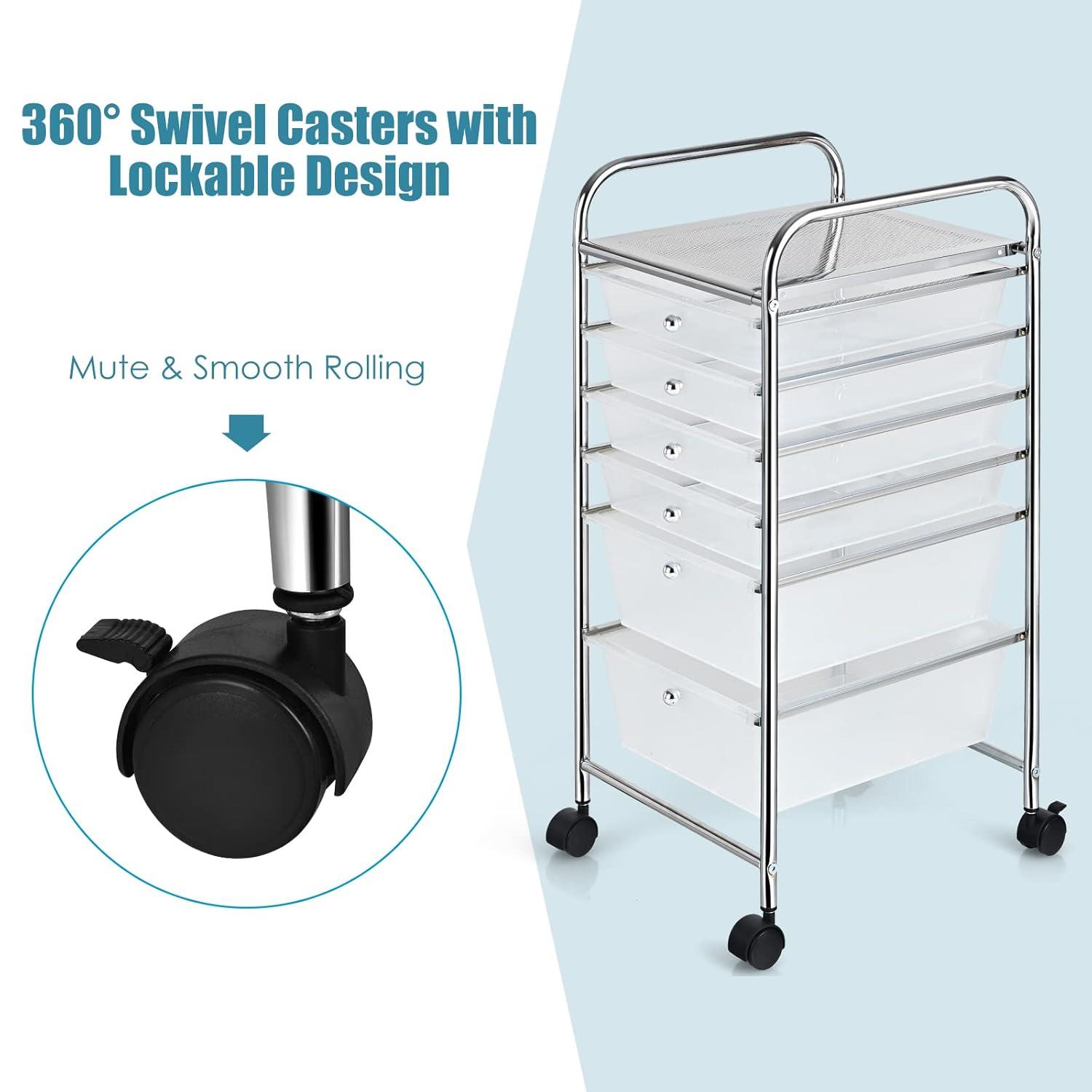 Clear 6-Drawer Rolling Storage Cart with Chrome Frame