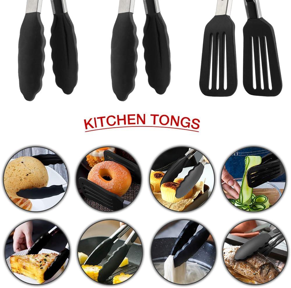 9 Inch Small Kitchen Tongs Set of 3, Silicone Cooking Tongs with Silicone Tips and Stainless Steel Handle, Tongs for Cooking, Serving