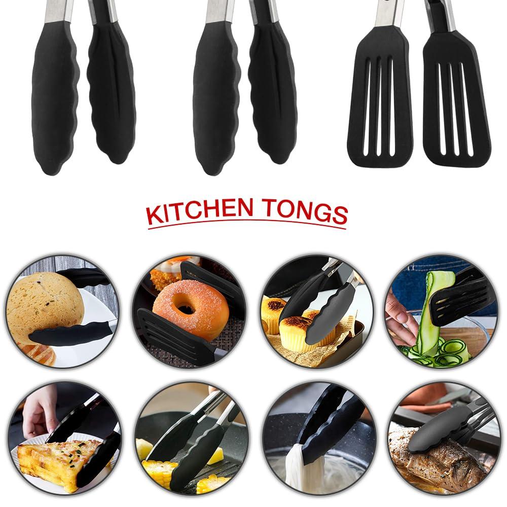 9 Inch Small Kitchen Tongs Set of 3, Silicone Cooking Tongs with Silicone Tips and Stainless Steel Handle, Tongs for Cooking, Serving
