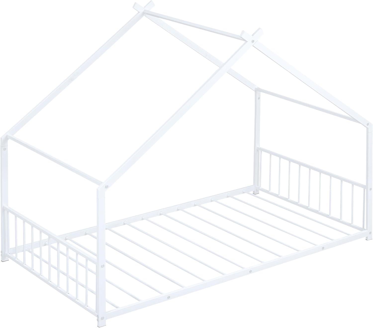 Gewnee Twin Size House Bed with Roof and Fence,Metal Montessori Platform Bed for Toddle and Kids,White