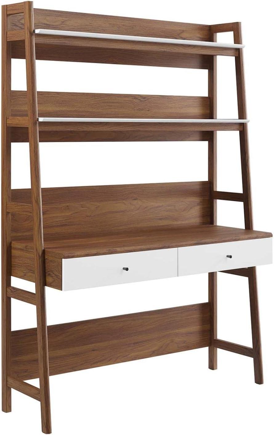 Walnut White Wood Office Desk with Bookshelf and Drawer