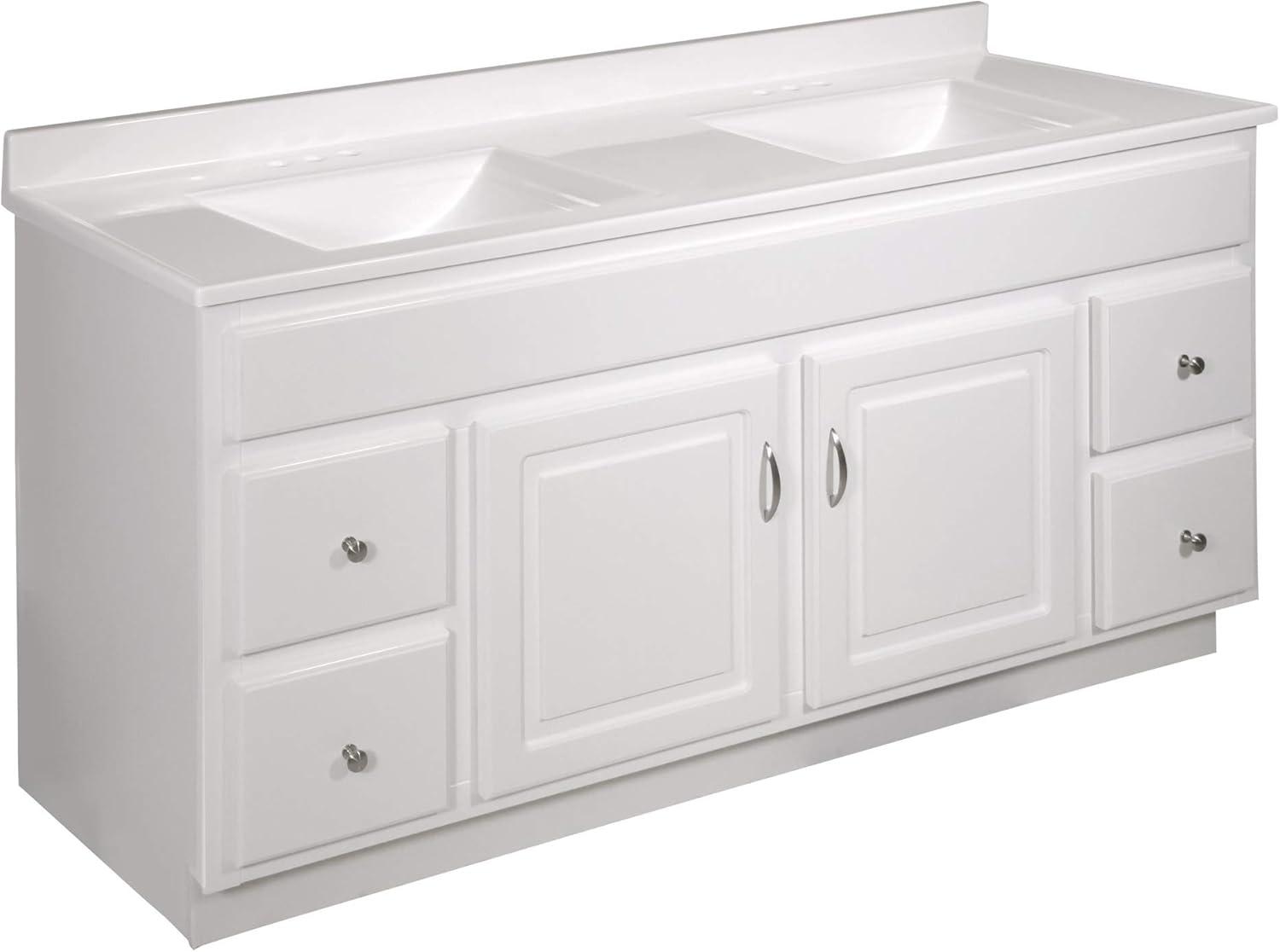 Design House 557678-WHT 61-inch Camilla Cultured Marble Centerset Mount Rectangle Double Bowl Vanity Top with Integrated Backsplash, Solid White