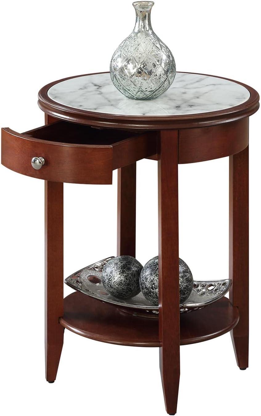 Traditional Mahogany Round End Table with White Faux Marble Top and Storage