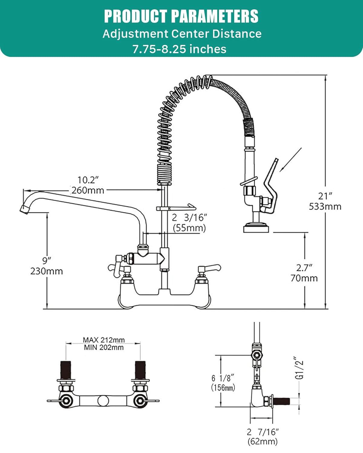 Commercial Wall Mount Kitchen Sink Faucet Brass Constructed Polished Chrome Pre-Rinse Device 25" Height 8" Center with Spring Pull Down Sprayer and 12" Add-on Spout (25 inches)